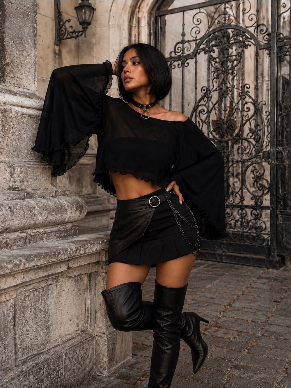 Black Bell-Sleeve Crop Top Shawl  - Women